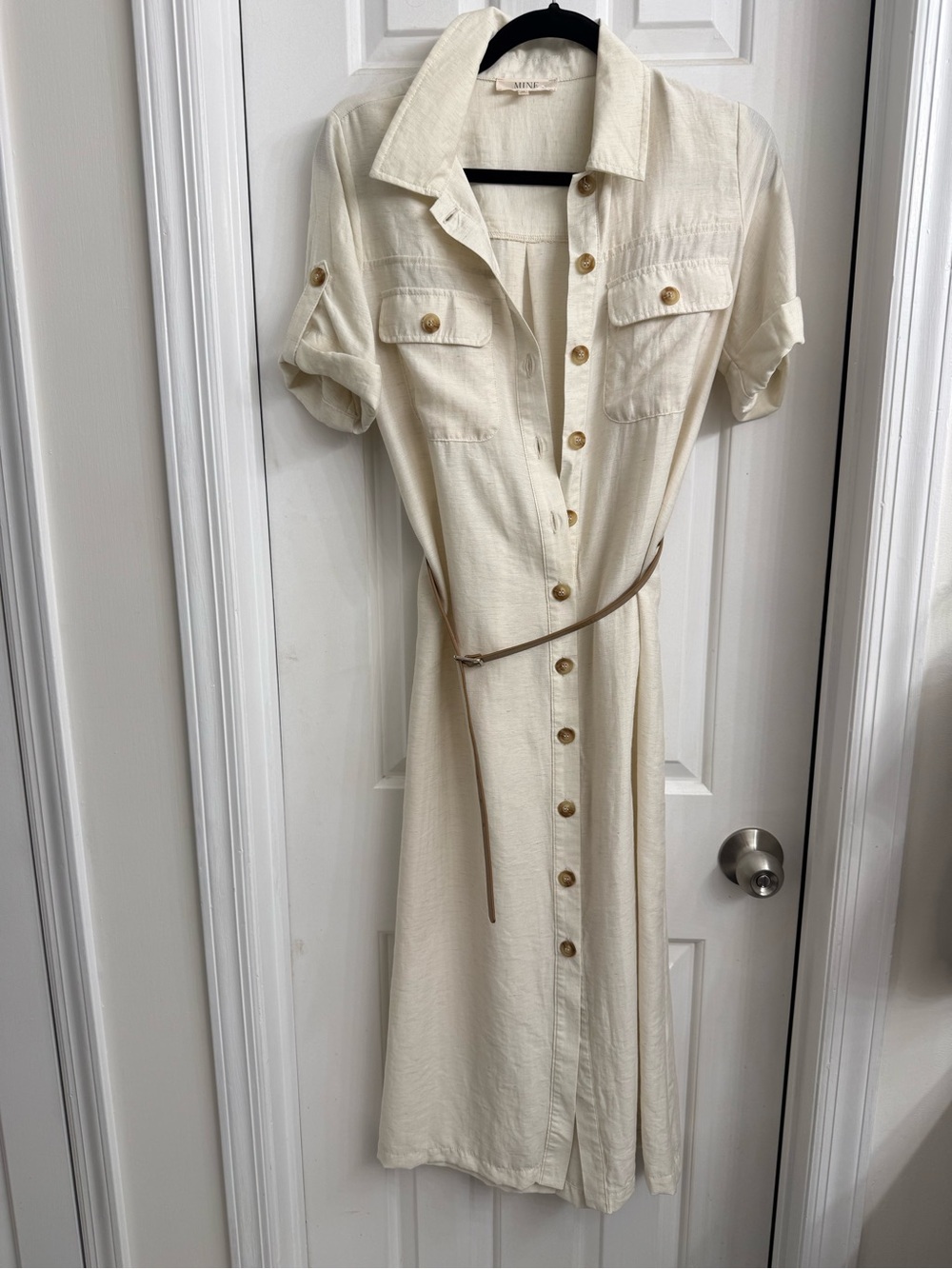 mine Cream Button-Front Midi Shirt Dress with Slim Belt